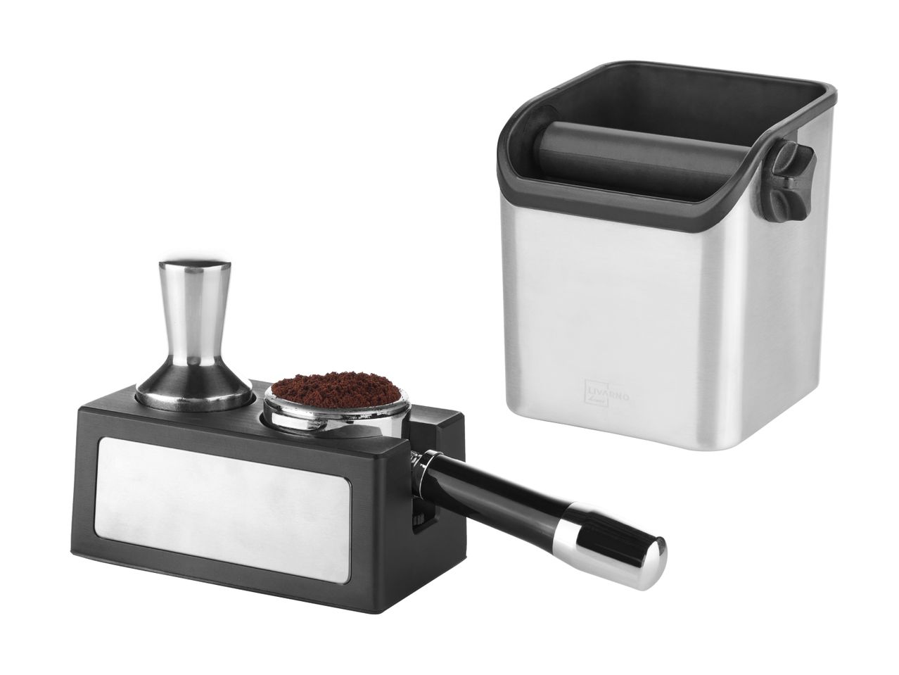 Livarno Lux Espressozubehör: Tamper, Siebträger und Abtropfbehälter aus Edelstahl.