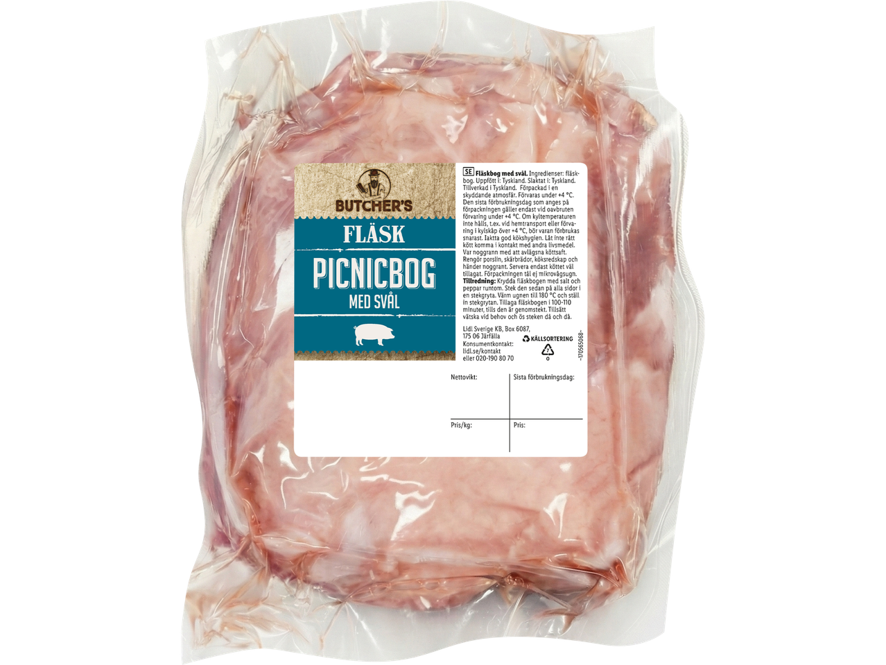 Vakuumförpackad fläskpicnicbog med svål och etikett med tillagningsinstruktioner.