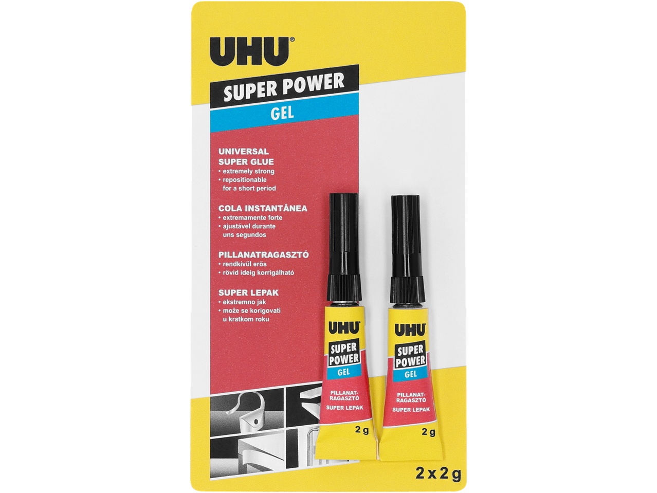 Cola instantânea UHU Super Power Gel, embalagem 2x2g, extremamente forte e reposicionável.