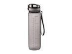 A grey water bottle with measurement markings in milliliters and ounces.