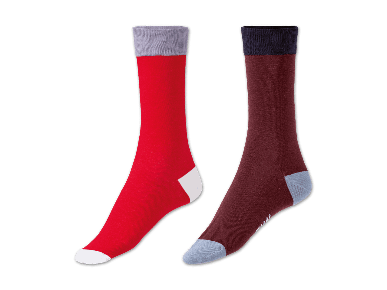 Zwei Paar farbige Socken mit farbigen Abschlüssen an den Knöcheln und Füßen.