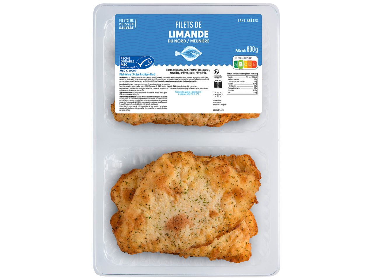 Filets de limande MSC préfrits, 800g, conditionnés.