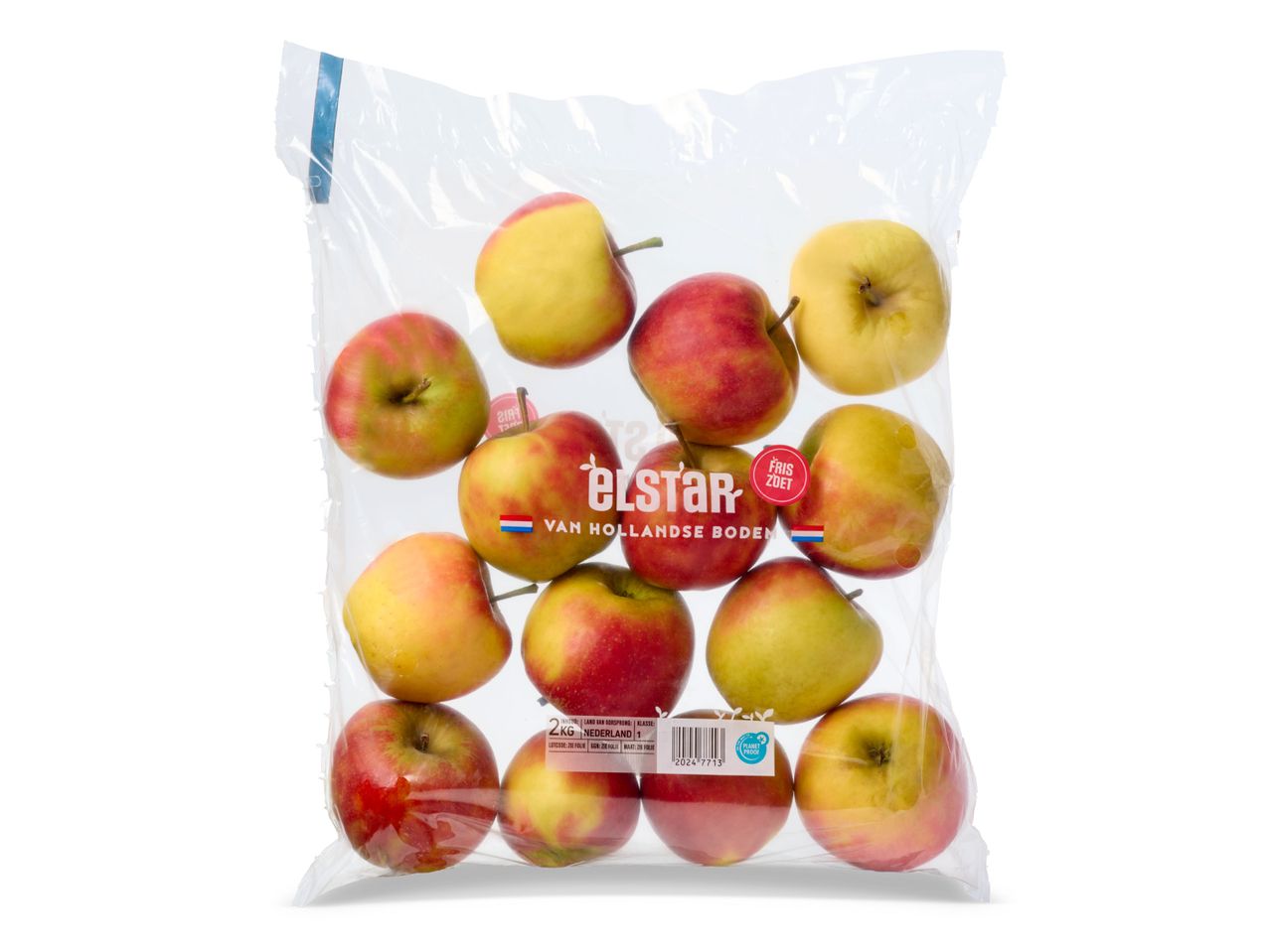 Een zak Elstar appels met de tekst 'van Hollandse bodem' en 'fris zoet'.