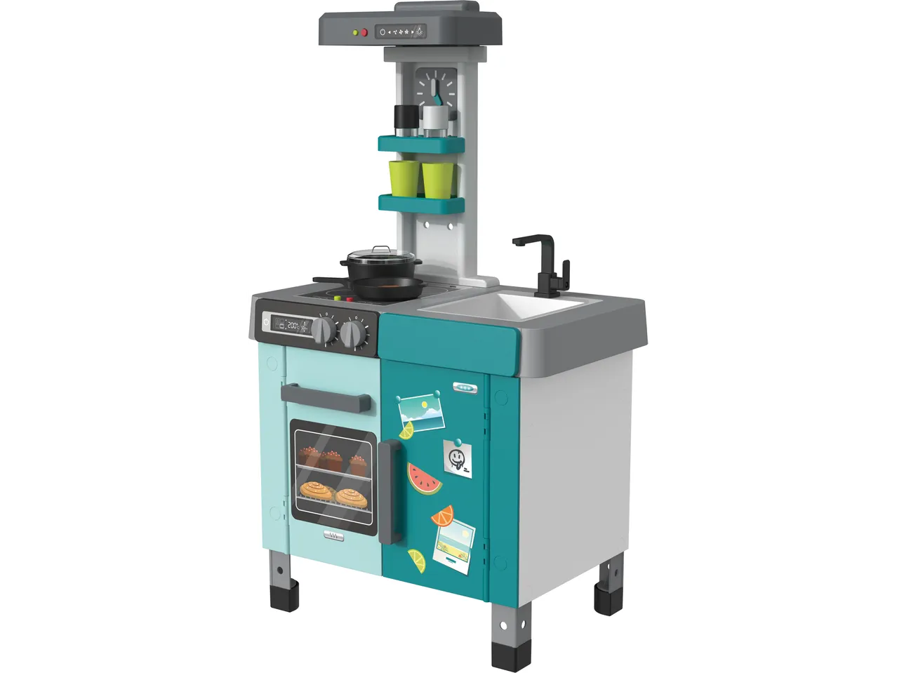 Lupilu rotaļu virtuve ar cepeškrāsni, plīti, izlietni un ledusskapi, zilos un pelēkos toņos.