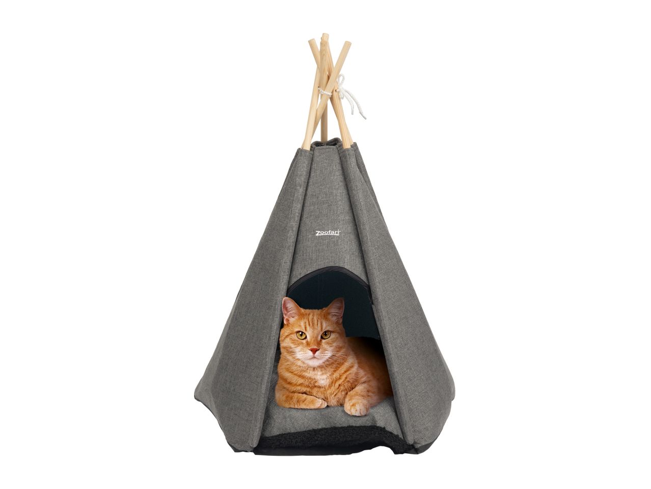 Ginger cat resting inside a grey teepee-style pet bed with wooden poles.
