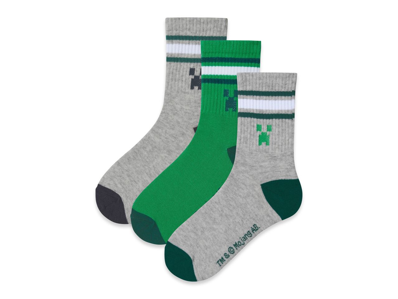 Calze Minecraft da bambino, tre paia in grigio e verde.