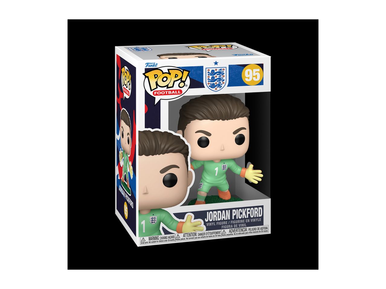 A Funko Pop! Football figure of Jordan Pickford in a green goalkeeper kit, number 95.