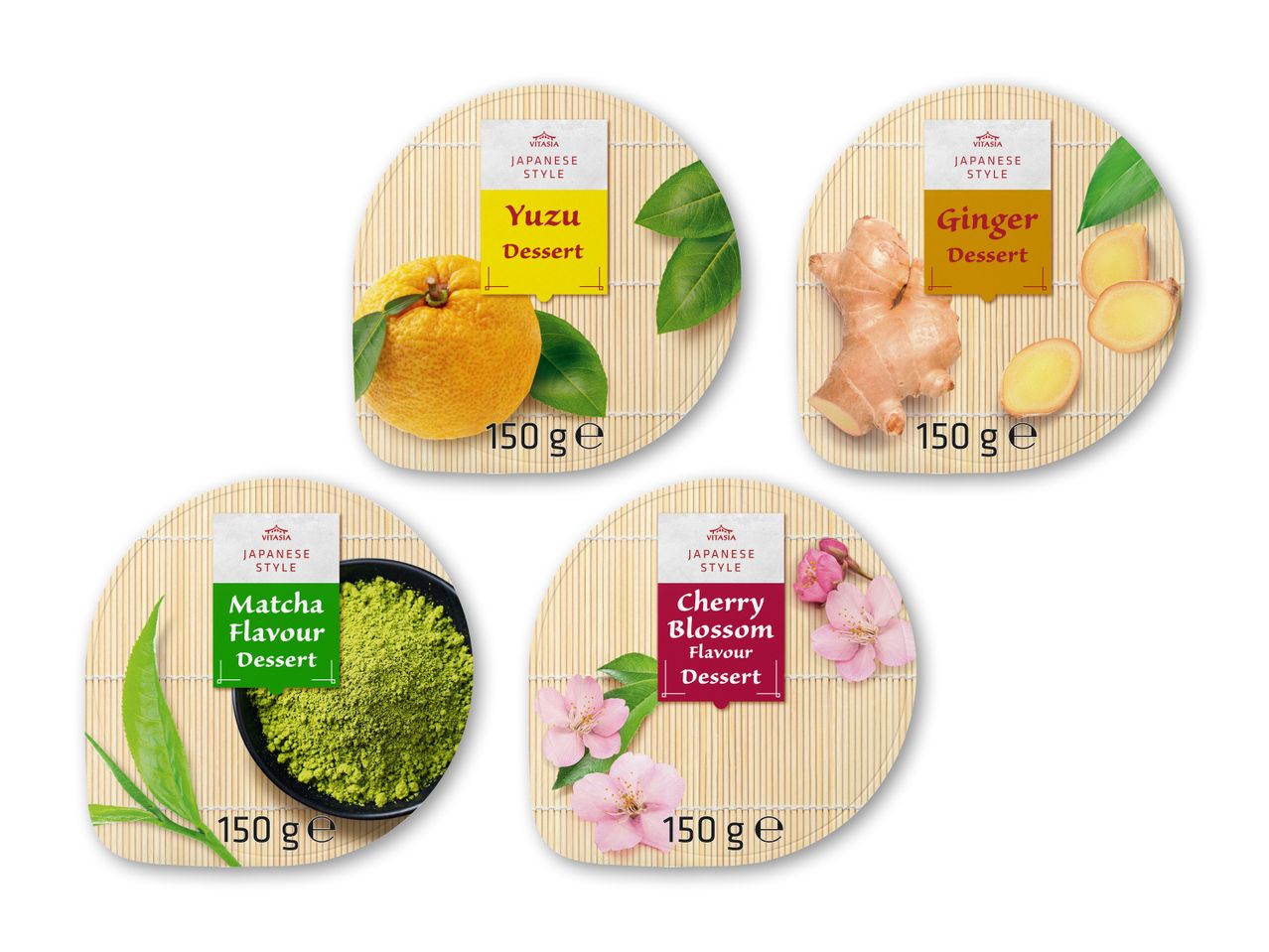 Fire japanske desserter: Yuzu, Ingefær, Matcha og Kirsebærblomst, alle 150g.