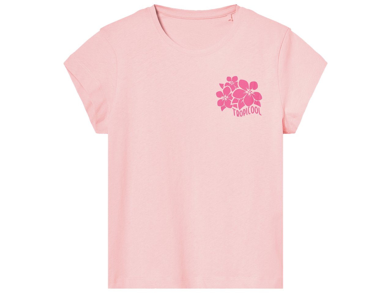 T-shirt rose pâle pour enfant avec un motif de fleurs fuchsia et le texte 'TROPICOOL'.