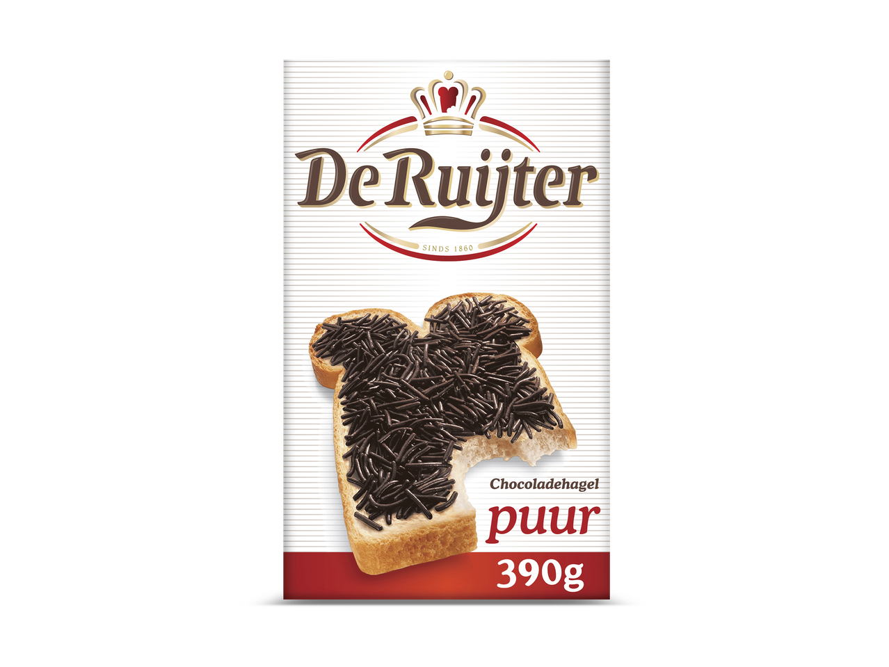 Verpakking met chocoladehagelslag puur, afgebeeld op een boterham.