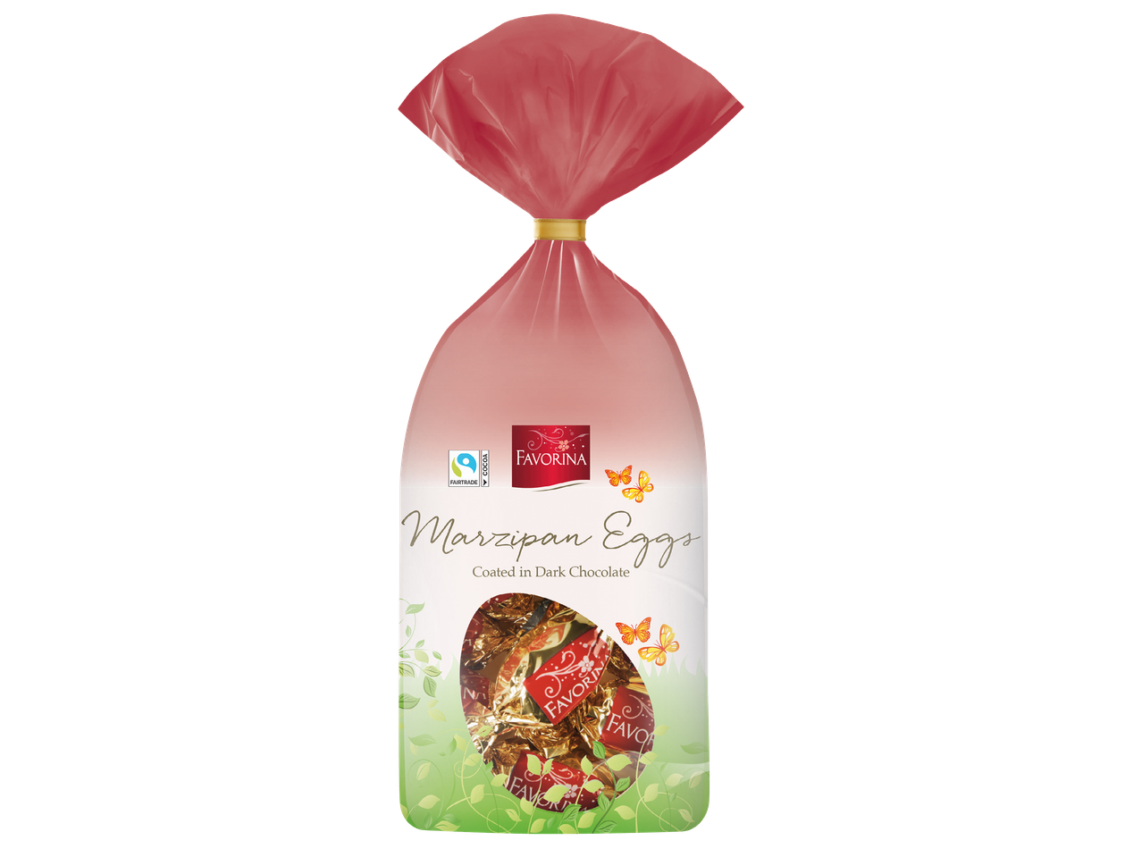 Пакетче марципанови яйца, покрити с тъмен шоколад, с надпис „Marzipan Eggs“.