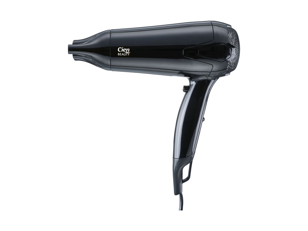 Black hair dryer with a sleek design and a textured back grill