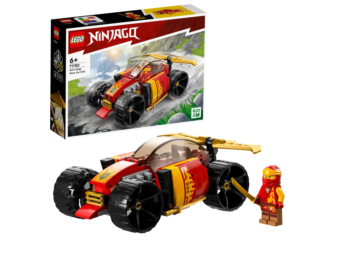 Building block set with a red race car and ninja minifigure, with box.