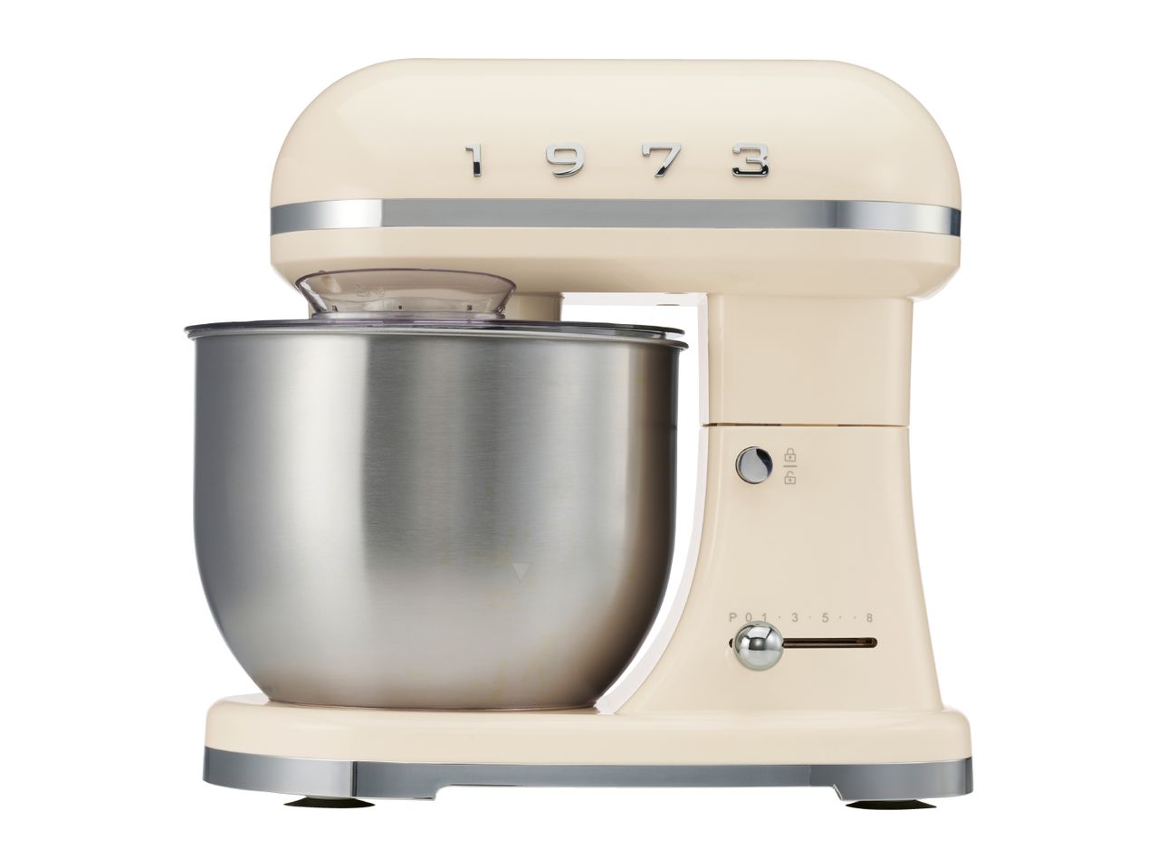 Cream-colored retro stand mixer with a stainless steel bowl and the year 1973 on the side