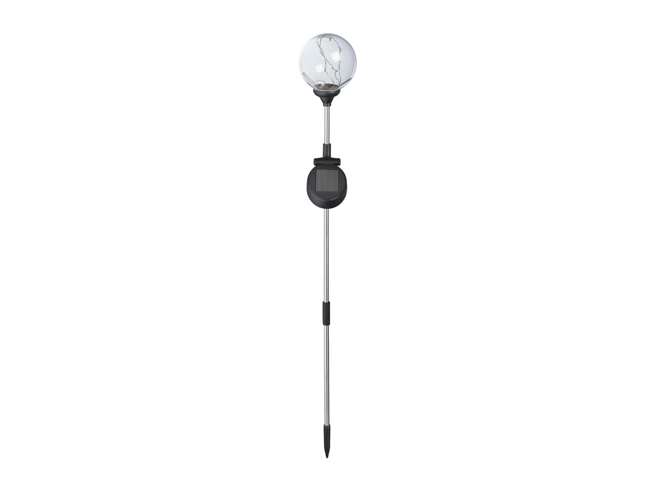 Solar-powered garden stake light with a clear globe containing fairy lights.