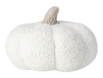 A white fluffy pumpkin decoration with a light brown stem.