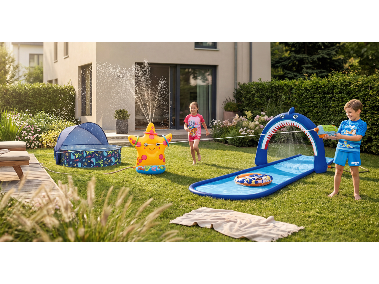 Kids playing with a shark water slide, starfish sprinkler, and paddling pool in a garden.