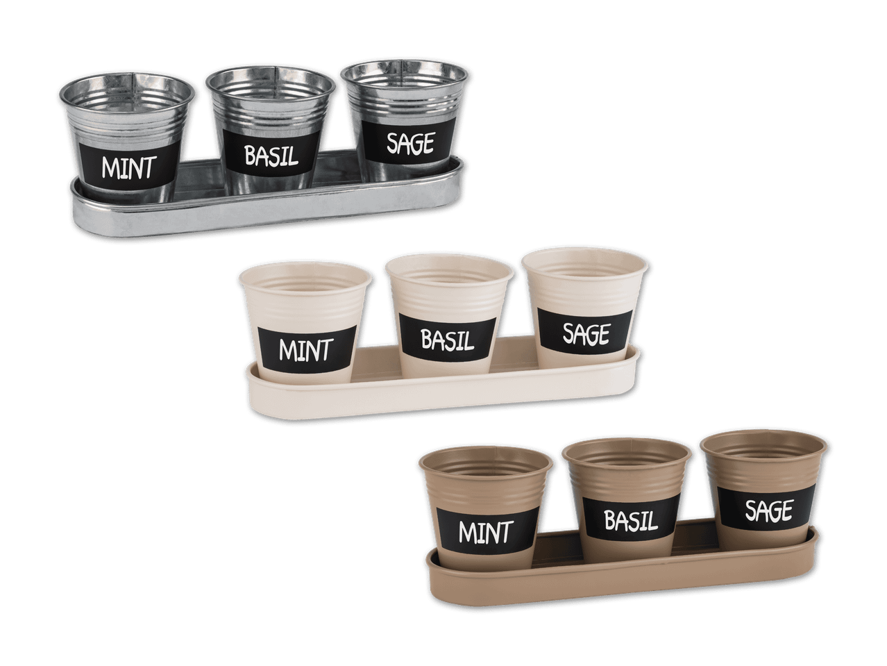 Drei Sets von Kräutertöpfen in verschiedenen Farben, beschriftet mit Minze, Basilikum und Salbei.