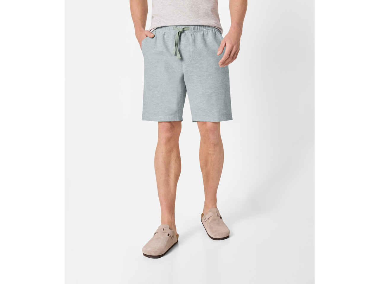 Pantaloni scurți bermude bărbați ESMARA MEN gri deschis cu șnur verde și saboți bej