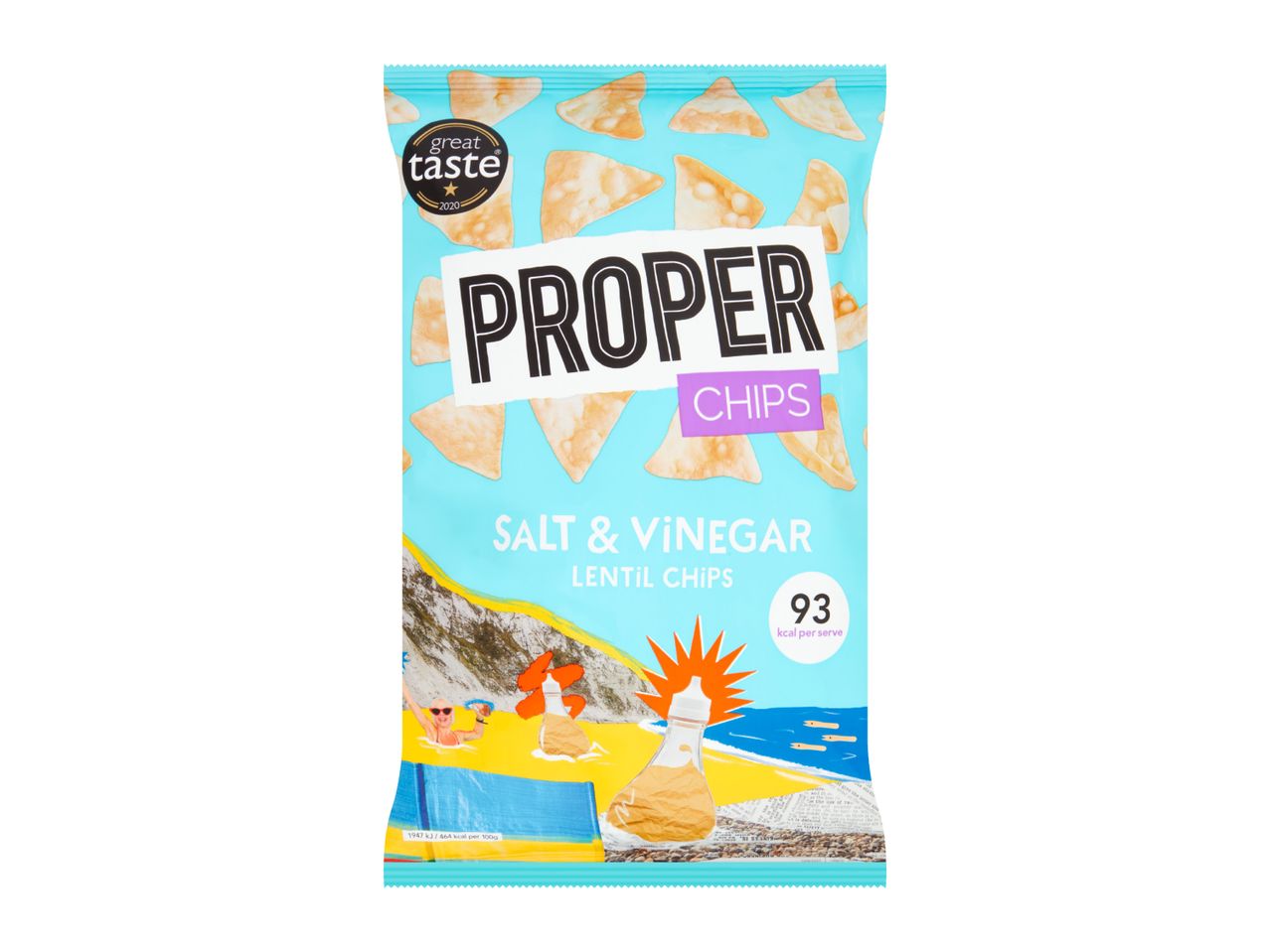 A bag of salt and vinegar lentil chips with 93 kcal per serving.