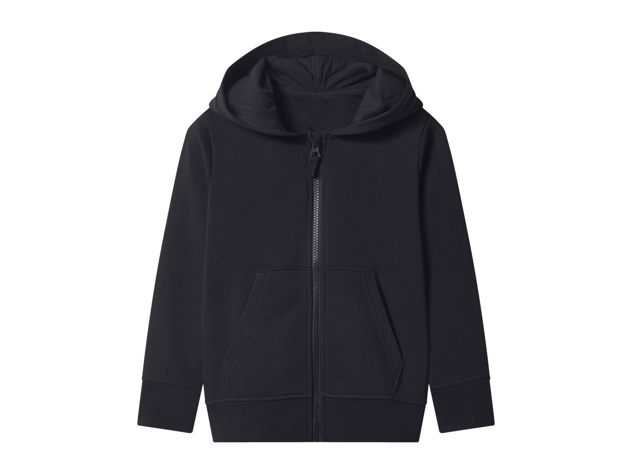 Black full-zip hoodie with a hood and front pockets.