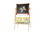 A children's wooden easel with a chalkboard, abacus, clock, and alphabet letters.