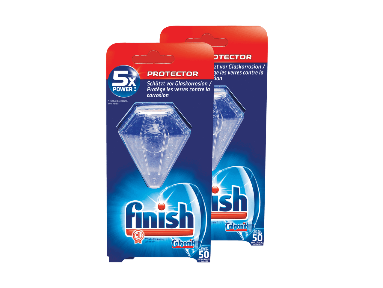 Zwei Packungen Finish Protector für Geschirrspüler, die vor Glaskorrosion schützen.