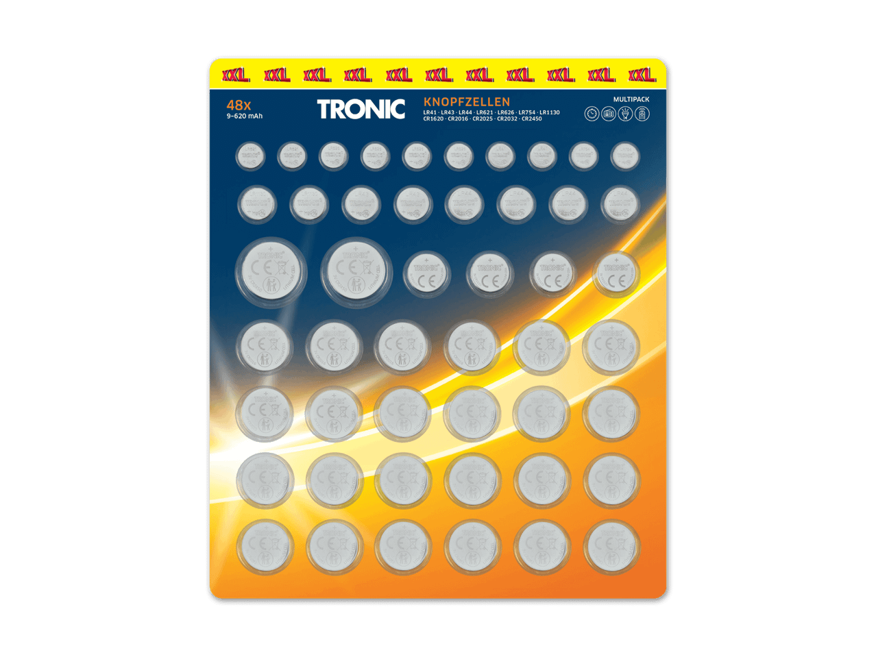 Eine Packung Tronic Knopfzellen mit 48 Batterien verschiedener Typen.