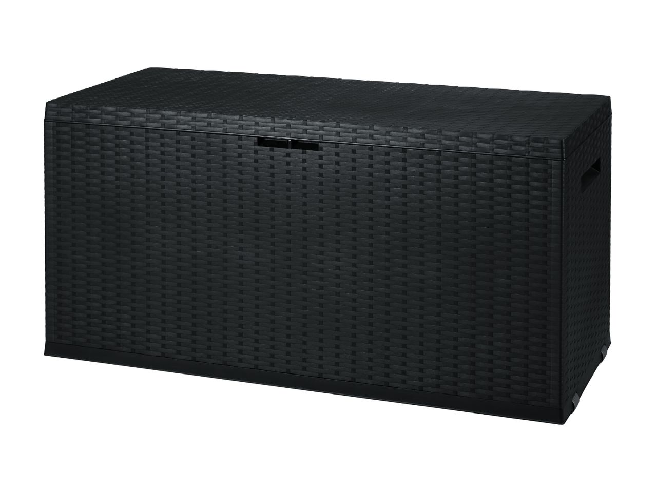 Schwarze Aufbewahrungsbox aus geflochtenem Kunststoff.