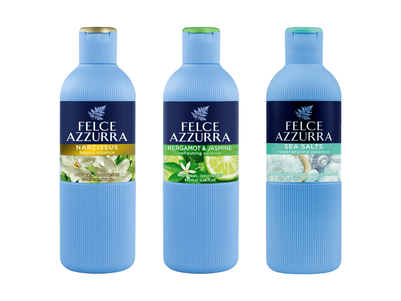 Trois gels douche Felce Azzurra : Narcisse, Bergamote & Jasmin et Sels Marins.