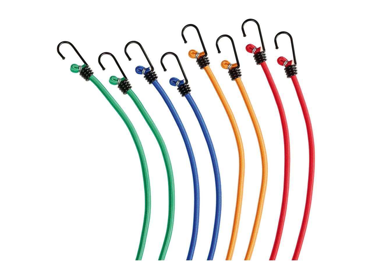Assortment of colorful bungee cords with hooks.