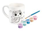 A paint-your-own mermaid cat mug kit with paints and brush.
