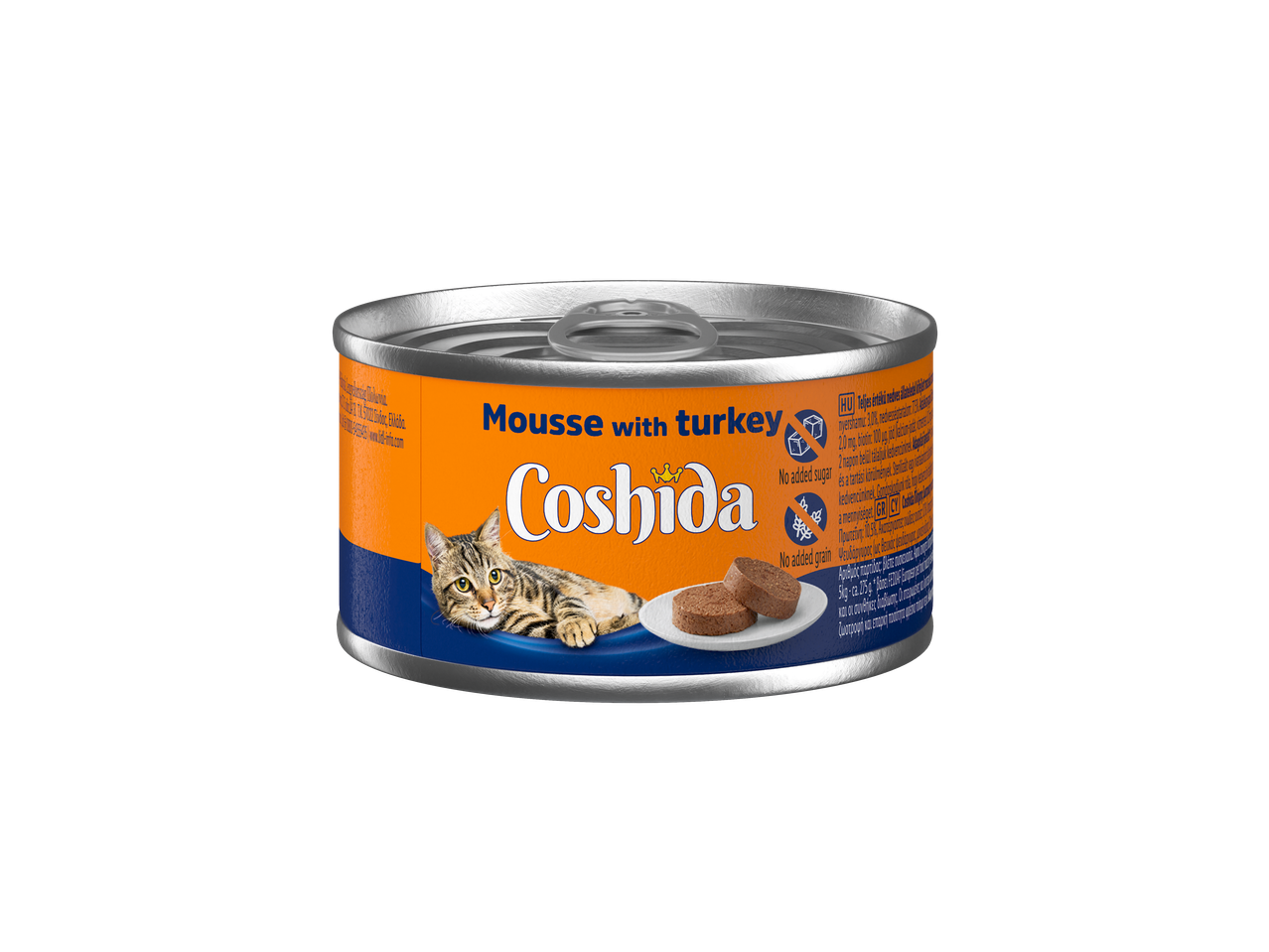 Coshida Mousse pulykával macskaeledel konzerv, macskával és étellel egy tányéron.