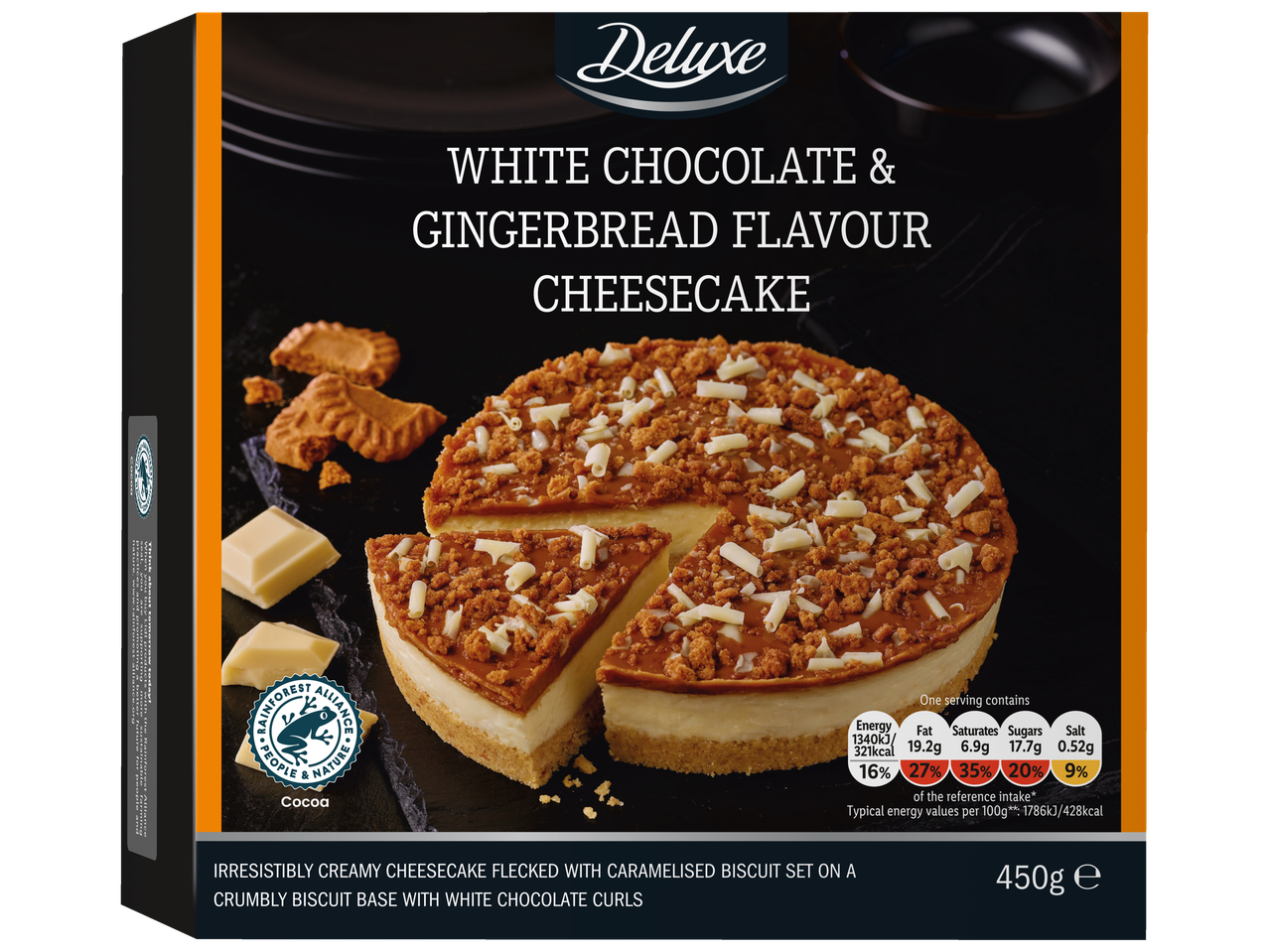Deluxe White Chocolate & Gingerbread Flavour Cheesecake with biscuit and white chocolate curls.