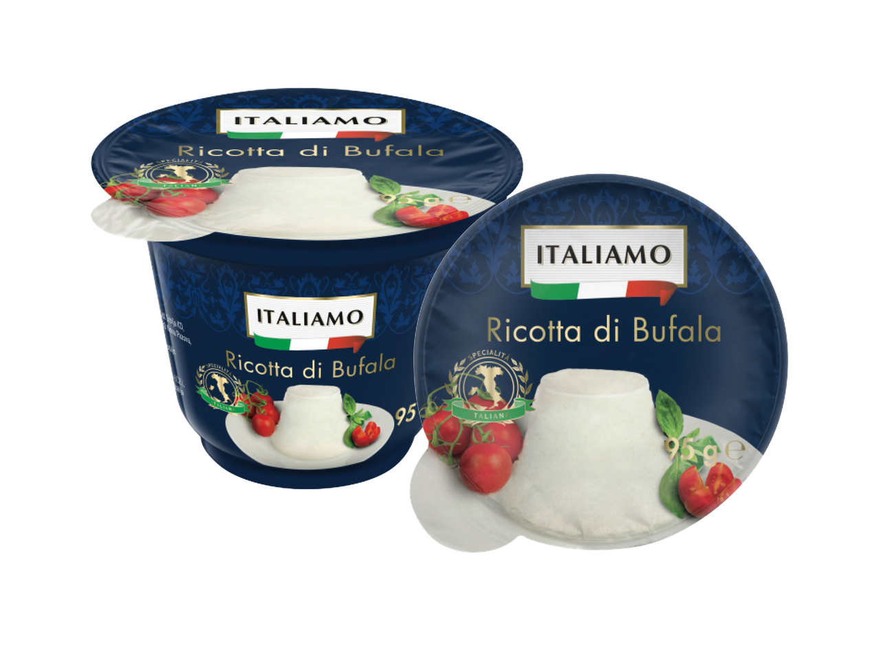 Dva pakovanja rikota sira od bivoljeg mleka sa natpisom 'Ricotta di Bufala'.