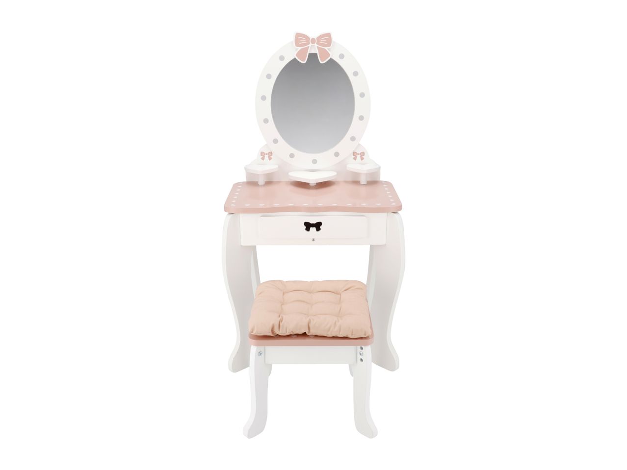 White and pink vanity table with an oval mirror, a drawer, and a matching stool with a cushion.