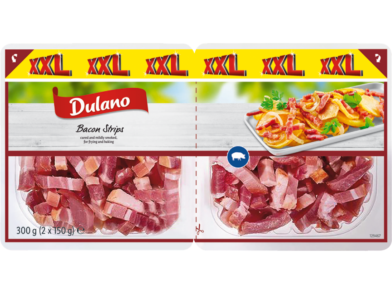 Dulano XXL šoninės juostelės: 300 g (2 x 150 g) sūdytos ir lengvai rūkytos šoninės juostelės kepimui ir kepsniams.