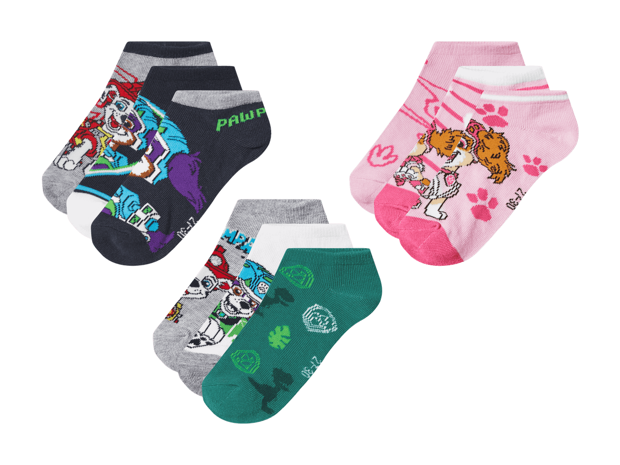 Trois paires de chaussettes pour enfants : deux paires à motifs de personnages de dessins animés et une paire à motifs de dinosaures.