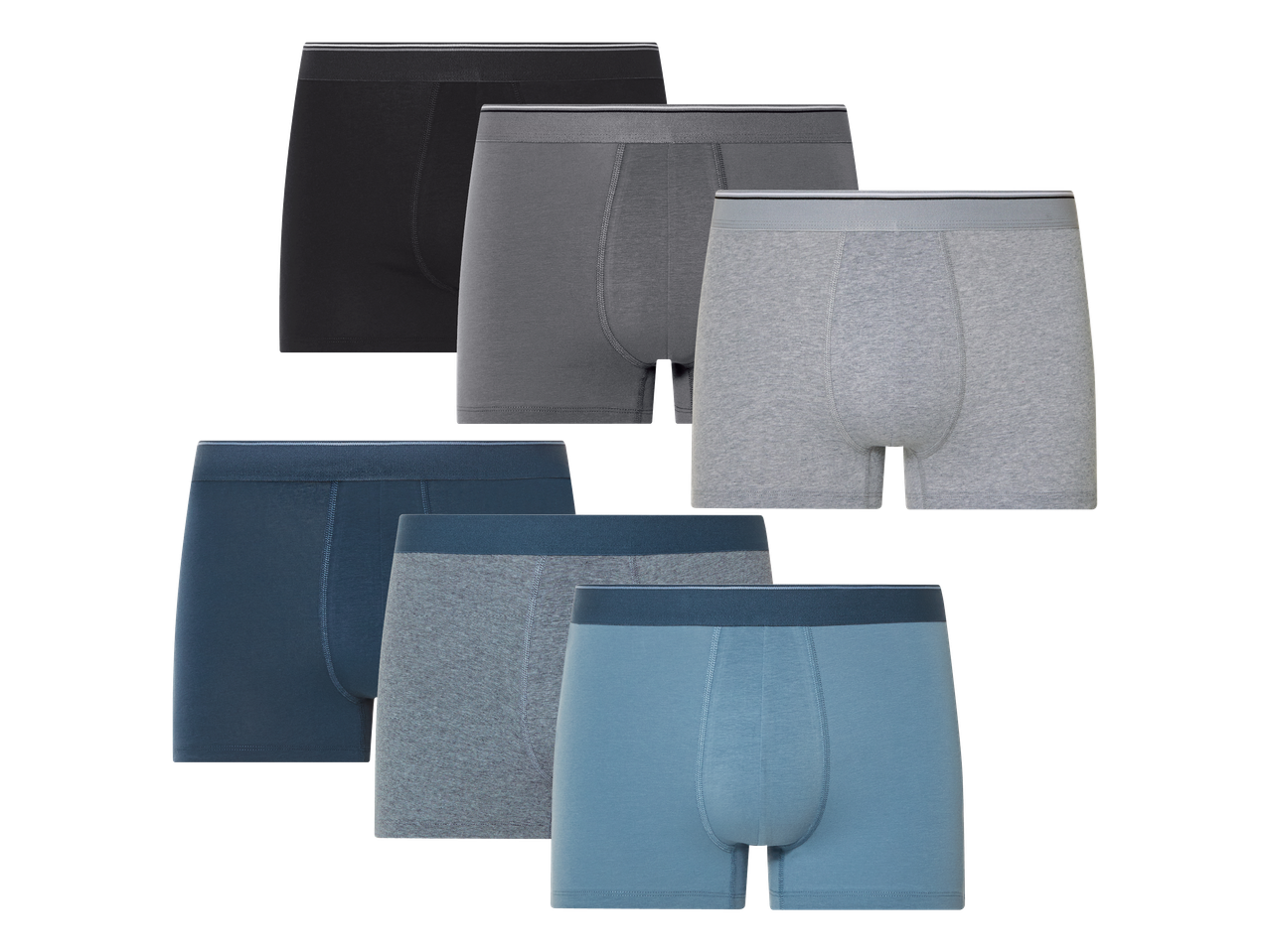 Muške bokserice u crnoj, sivoj i plavoj boji, pakiranje od šest komada.