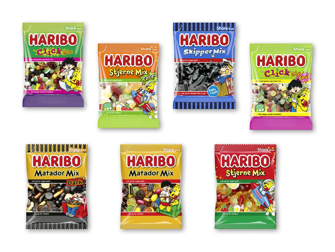 Forskellige Haribo slikposer med forskellige blandinger og temaer.