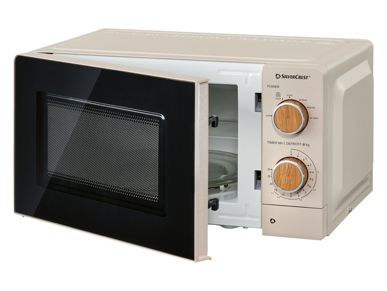 Bež mikrovalna pećnica s otvorenim vratima, drvenim gumbima i natpisom 'POWER' i 'TIMER Min | DEFROST kg'.