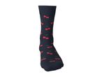 Dark blue sock with a red cherry pattern