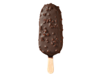 Gelado coberto de chocolate com nozes num pau.