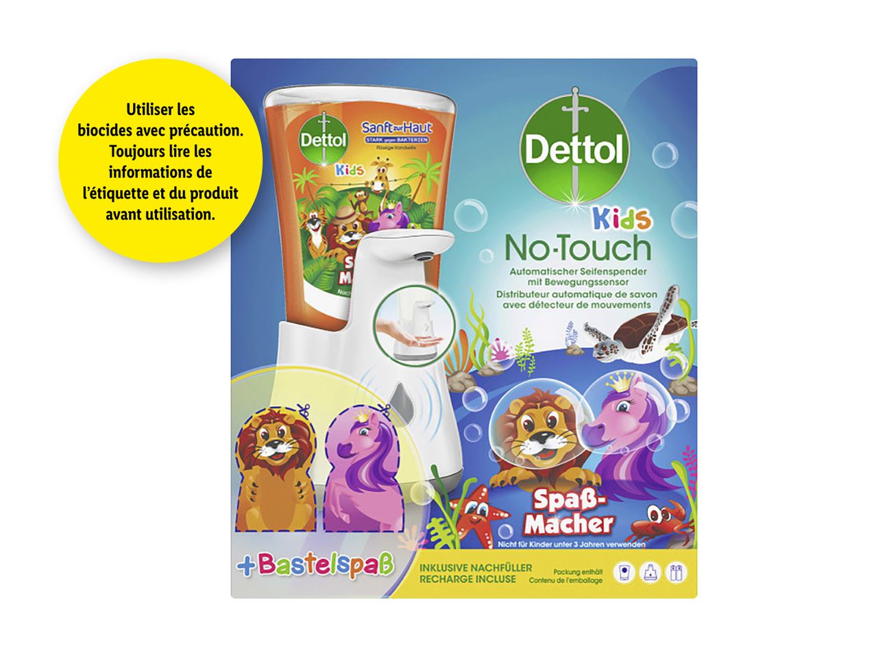 Distributeur de savon Dettol Kids No-Touch avec recharge et activités créatives.