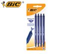 A package of four BIC Round Stic Clic retractable ballpoint pens in dark blue.