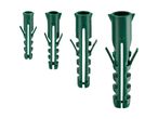 Four green plastic wall plugs of varying sizes, arranged diagonally on a white background.