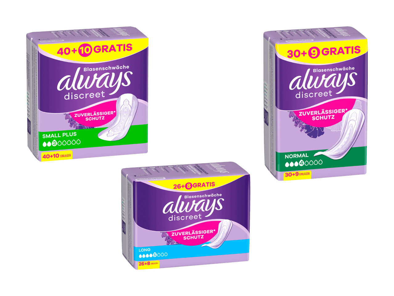 Paquets de serviettes Always Discreet pour l'incontinence, avec différentes tailles et quantités.