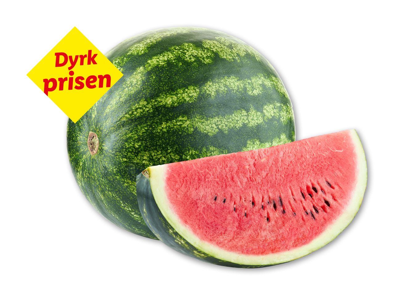 Vandmelon med et stykke skåret ud og et gult skilt med teksten 'Dyrk prisen'.
