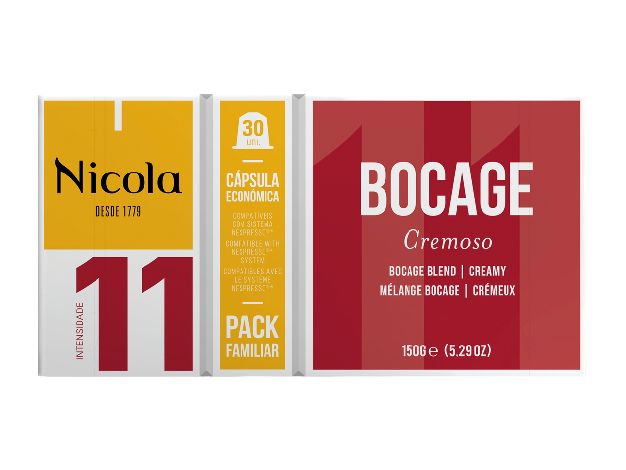 Caixa de cápsulas de café com 30 unidades, intensidade 11, sabor cremoso, 150g.