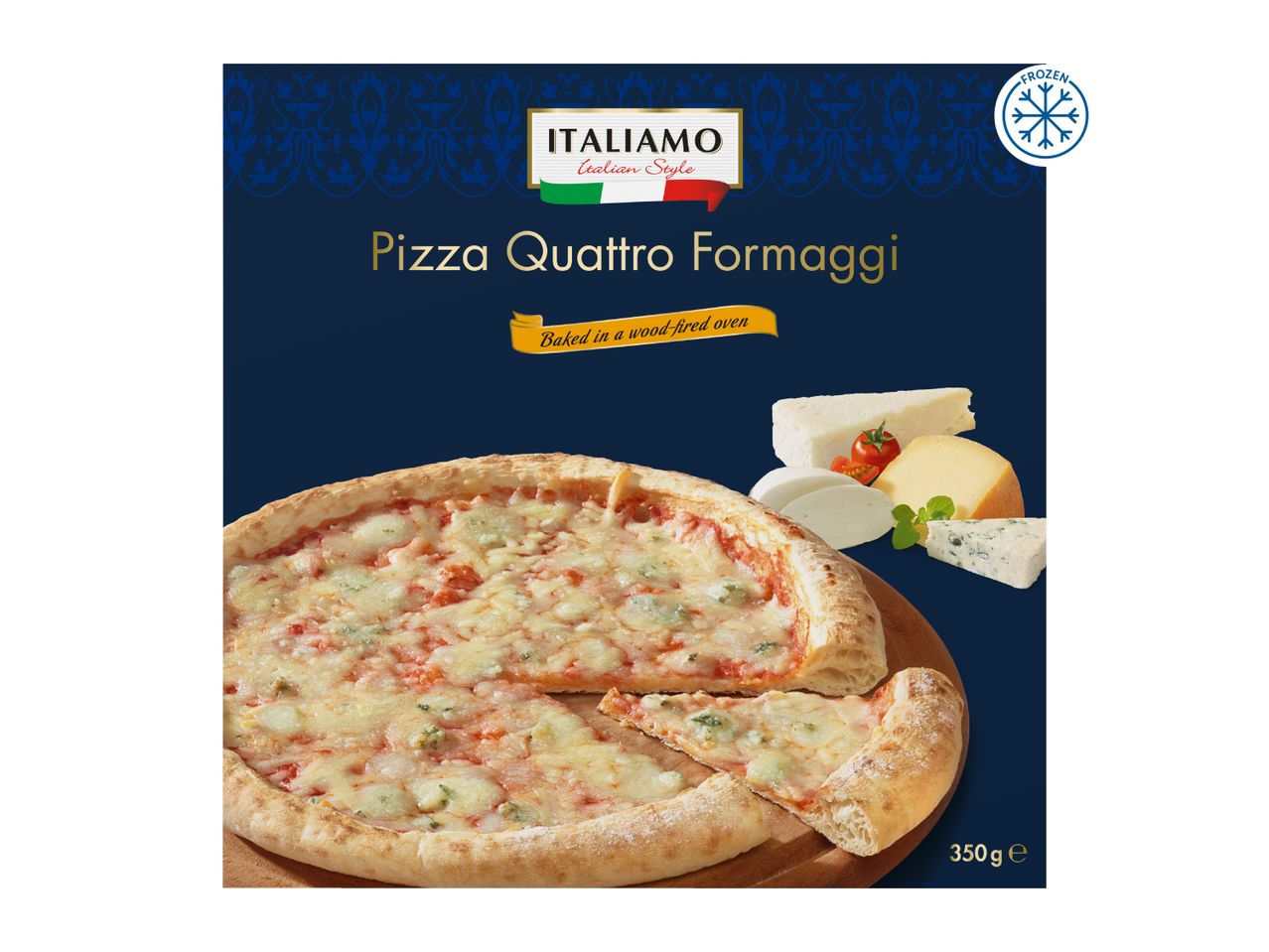 Frozen Quattro Formaggi pizza, baked in a wood-fired oven, with various cheeses and a 350g weight.